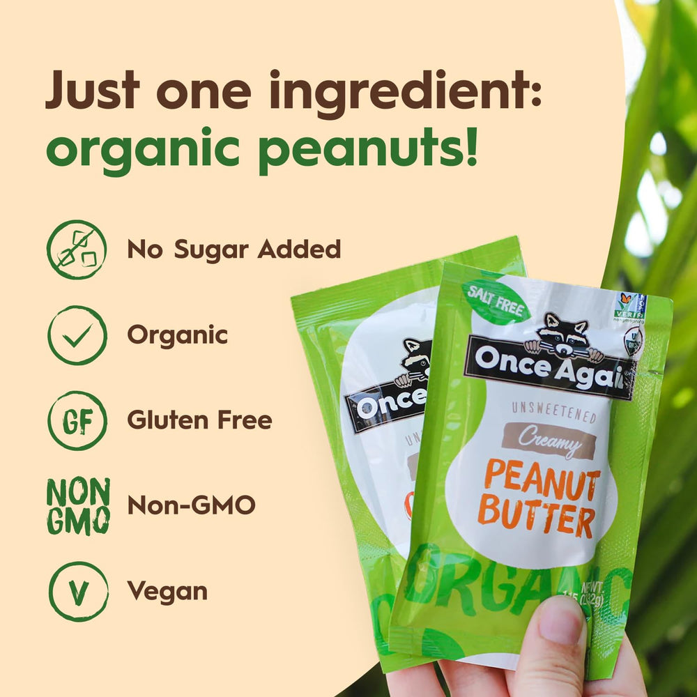 Once Again Organic Peanut Butter Packets creamy-texture evokes rich spread.