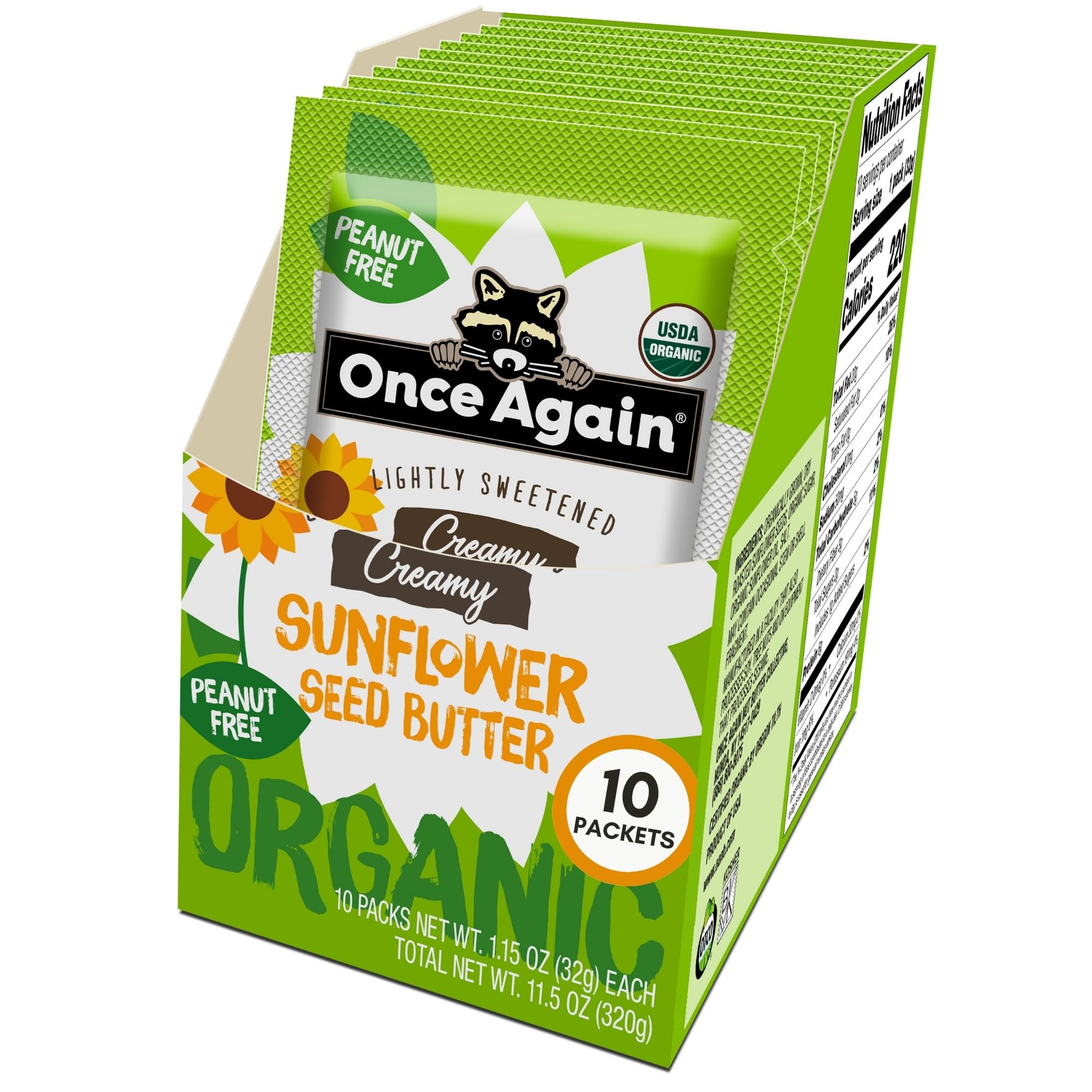 Once Again organic sunflower butter packets single-serve box for easy snacks on the go.