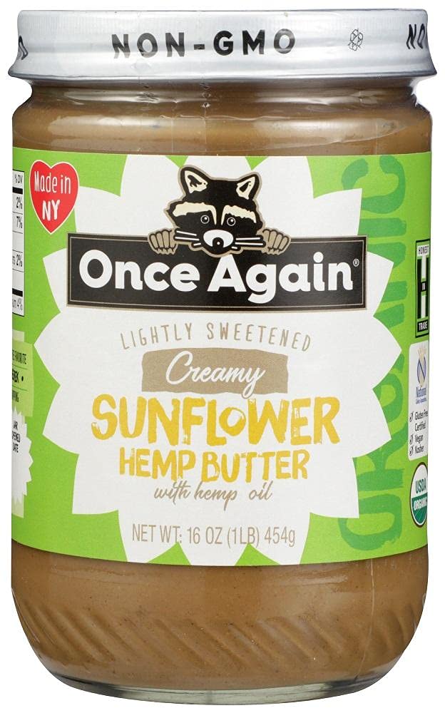 Once Again Organic Sunflower Hemp Butter 16oz jar, a creamy dairy-free vegan spread.