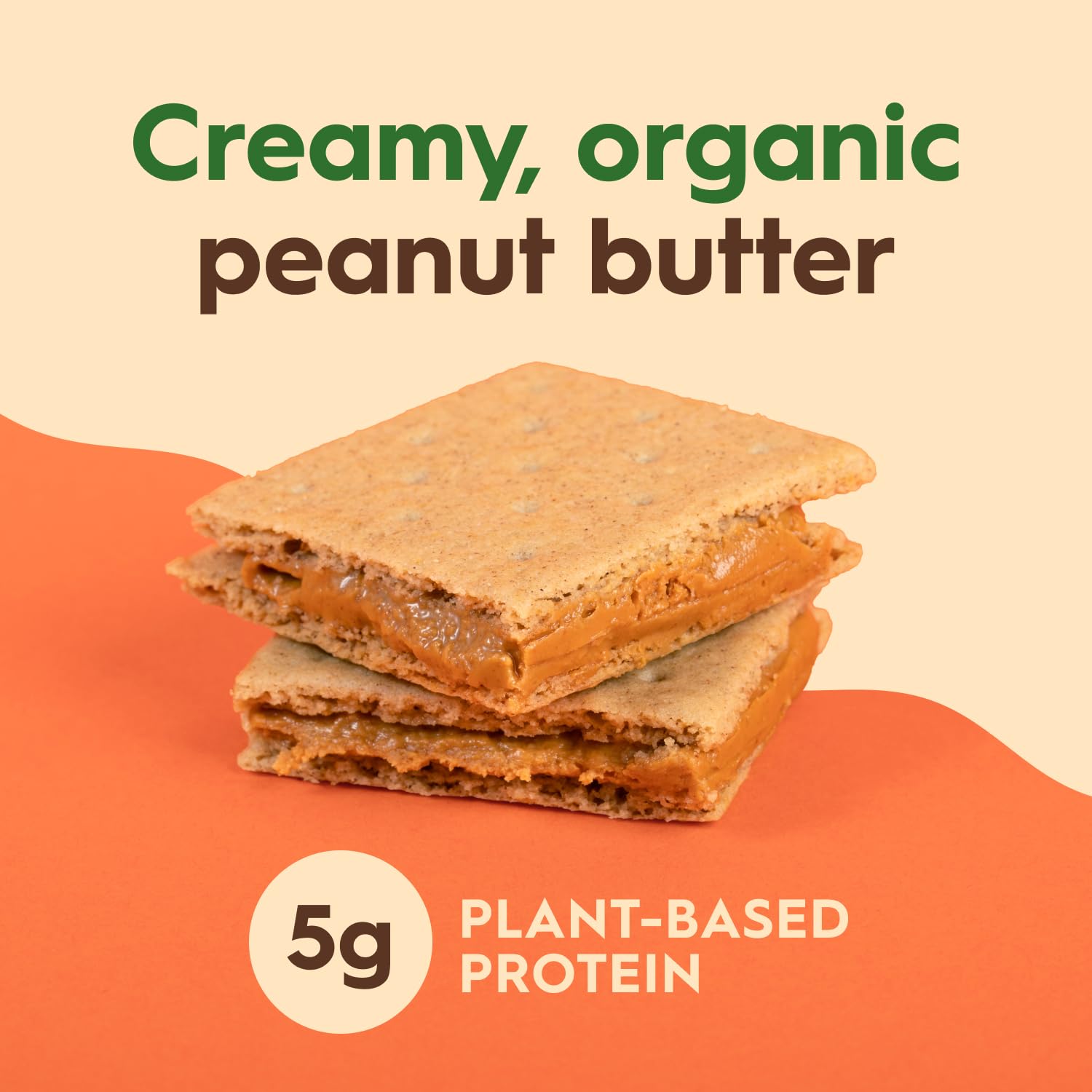 Cross-section shows creamy peanut butter filling between crisp graham crackers.
