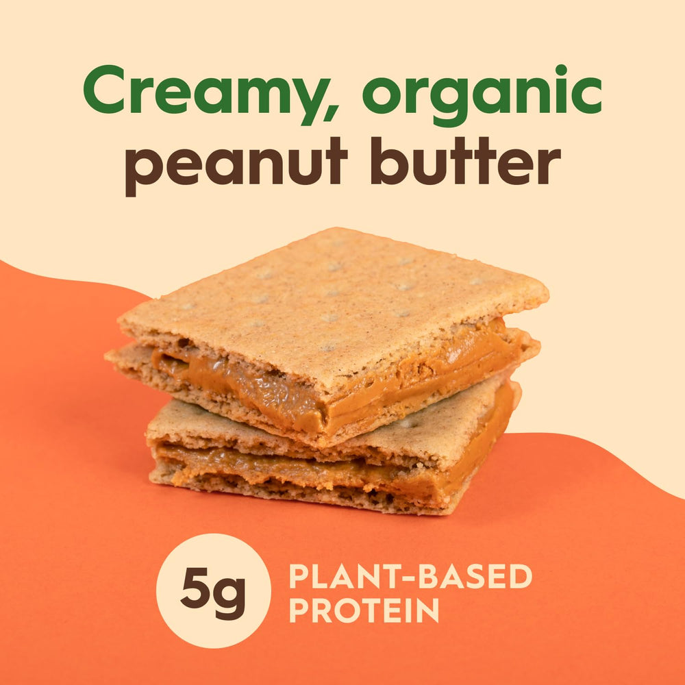 Cross-section shows creamy peanut butter filling between crisp graham crackers.