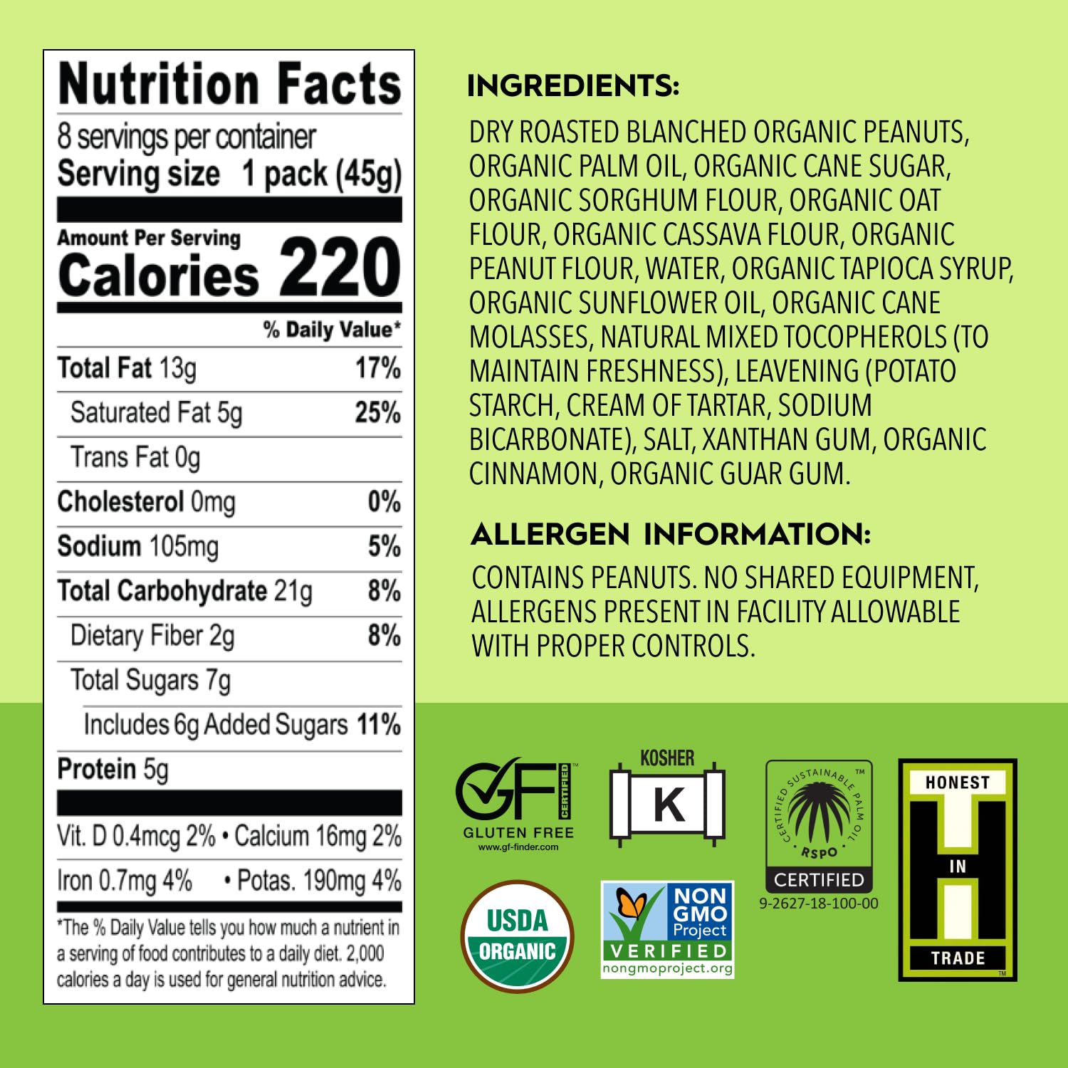 Ingredient label shows organic peanut butter filling in a gluten-free snack.