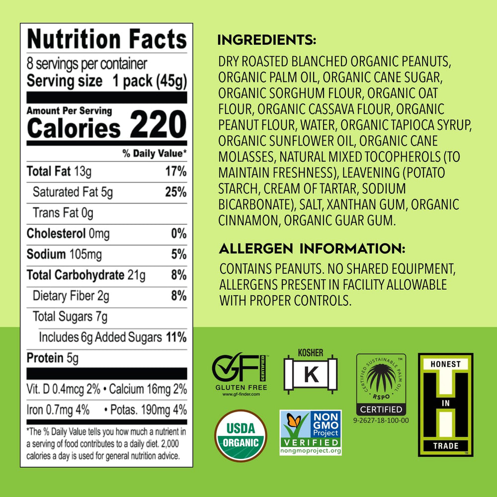 Ingredient label shows organic peanut butter filling in a gluten-free snack.