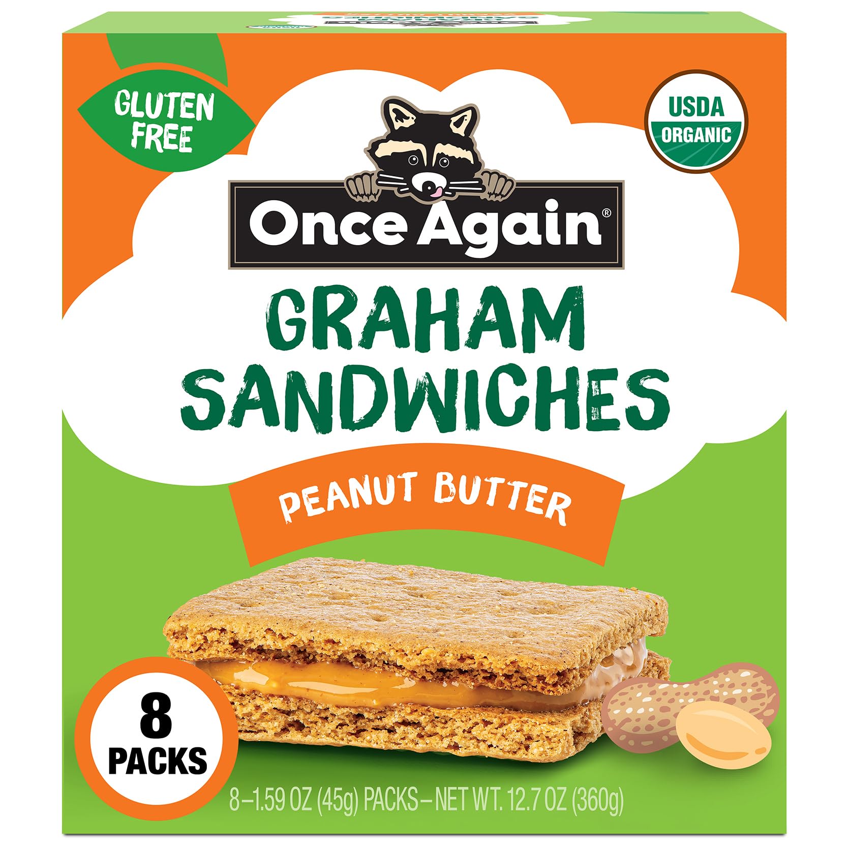 Once Again Peanut Butter Crackers packaging highlights gluten-free graham crackers for portability.
