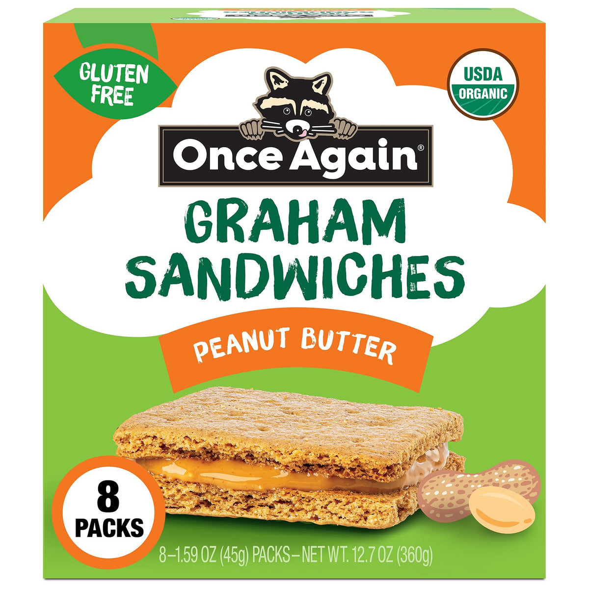 Once Again Peanut Butter Crackers packaging highlights gluten-free graham crackers for portability.