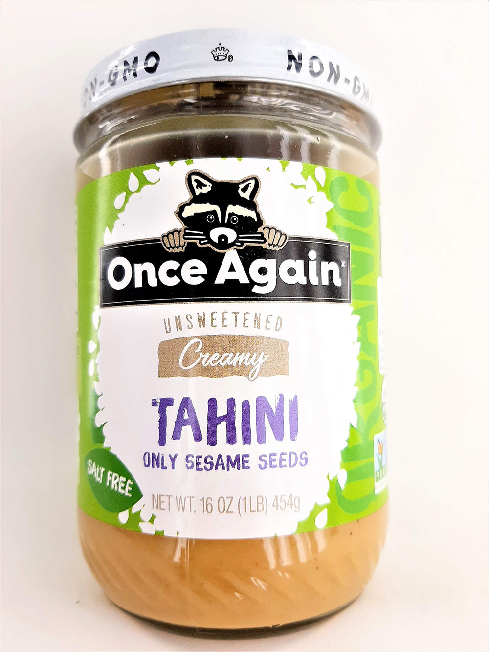 Once Again sesame tahini jar front view, salt-free and unsweetened for versatile dips.