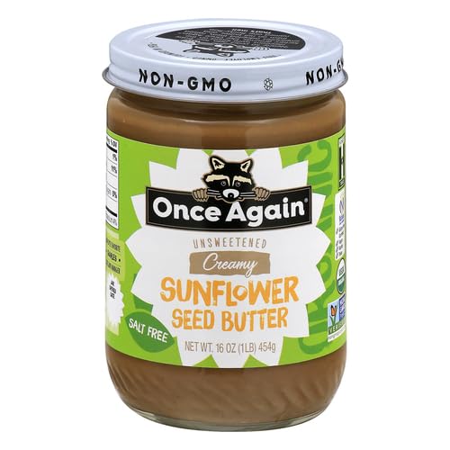 Glass jar label of Once Again Sunflower Butter with vegan-friendly packaging.