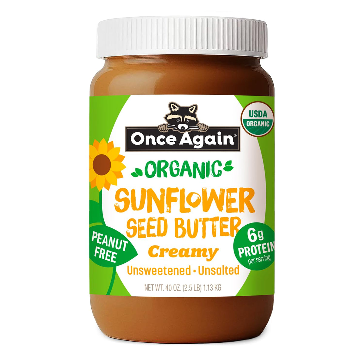 Once Again Sunflower Butter jar closeup—creamy, dairy-free spread.