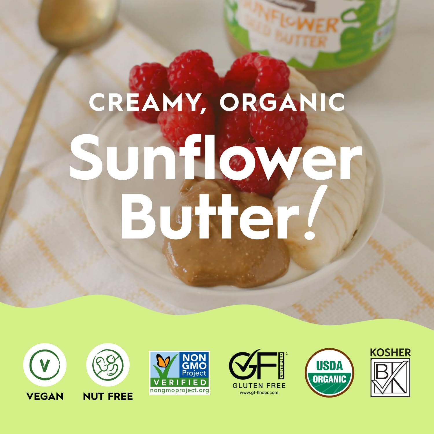 Once Again Sunflower Butter organic label—vegan and non-GMO features clearly shown on the jar.