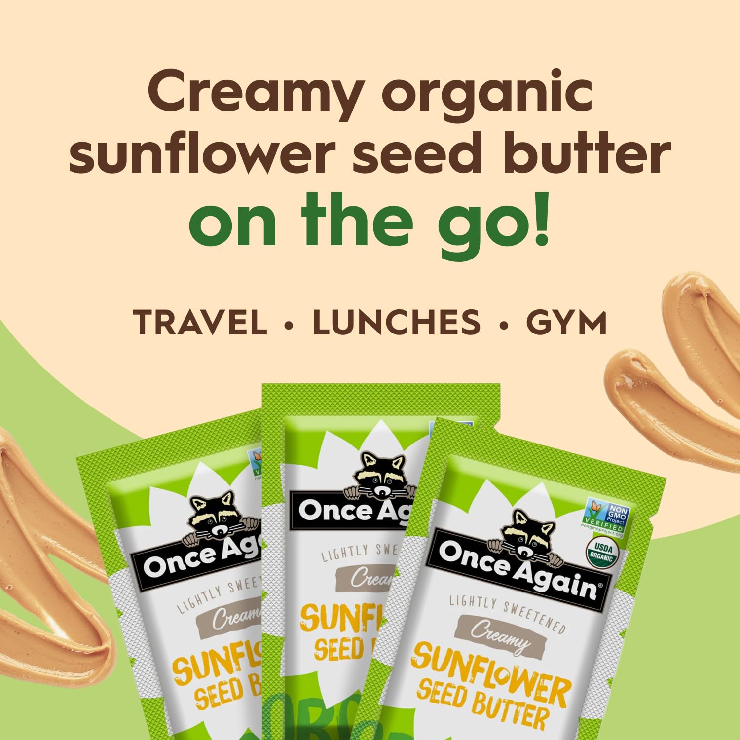 Once Again sunflower butter packets in lunchbox highlighting portable protein option.