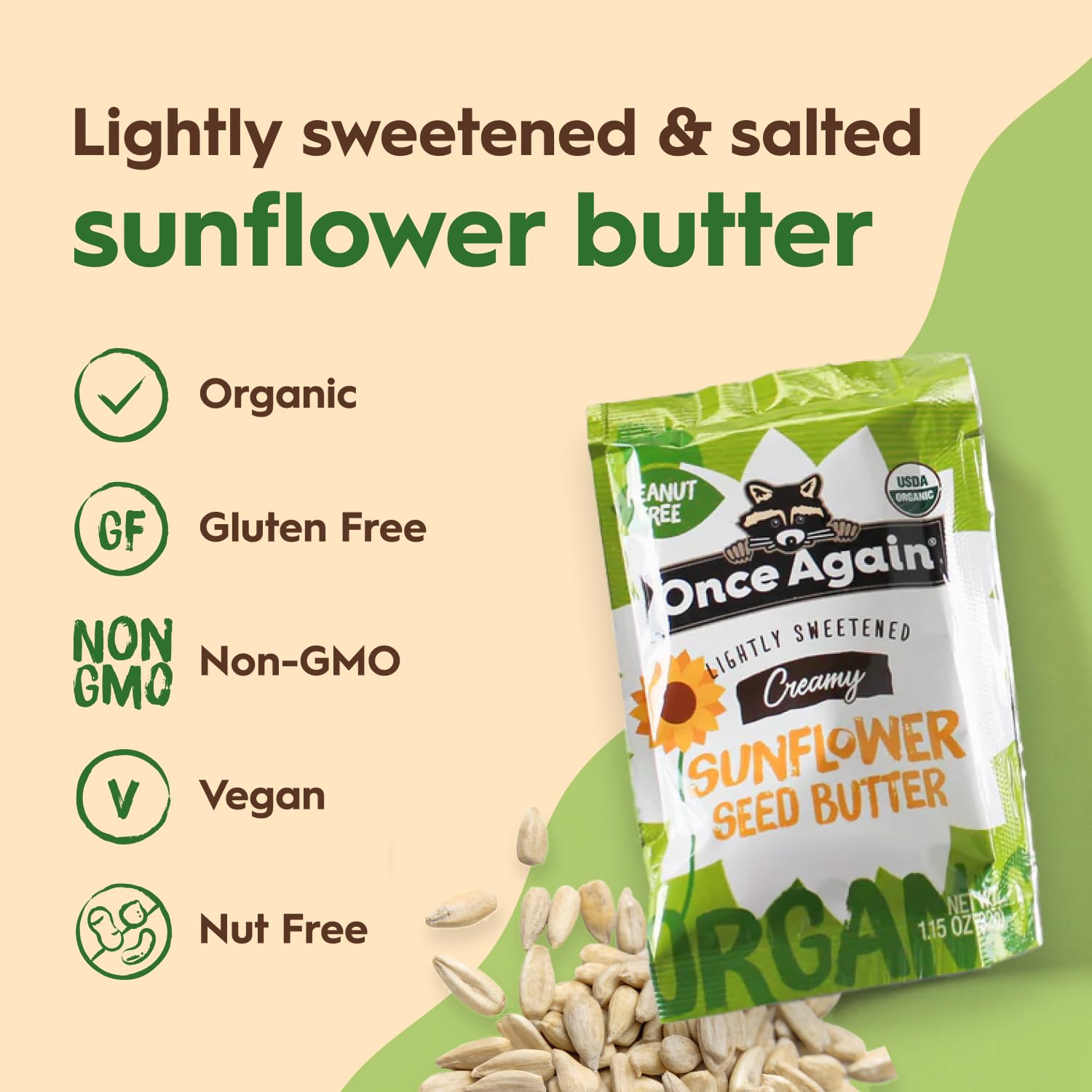 Once Again organic sunflower butter packets produced in peanut-free facility.