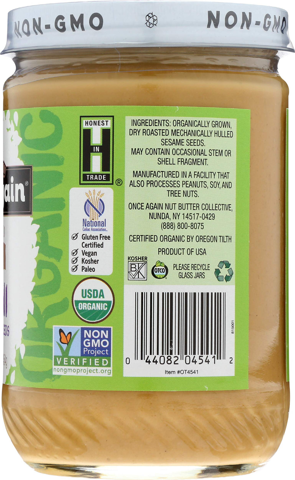 Once Again Tahini ingredients label emphasizes single-ingredient promise.