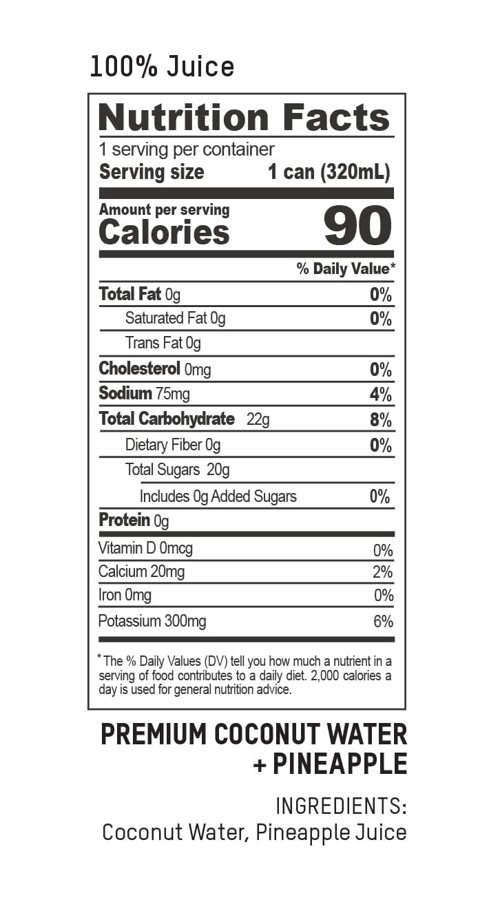 Once Upon A Coconut pineapple coconut water label close-up showing non-GMO, gluten-free ingredients.