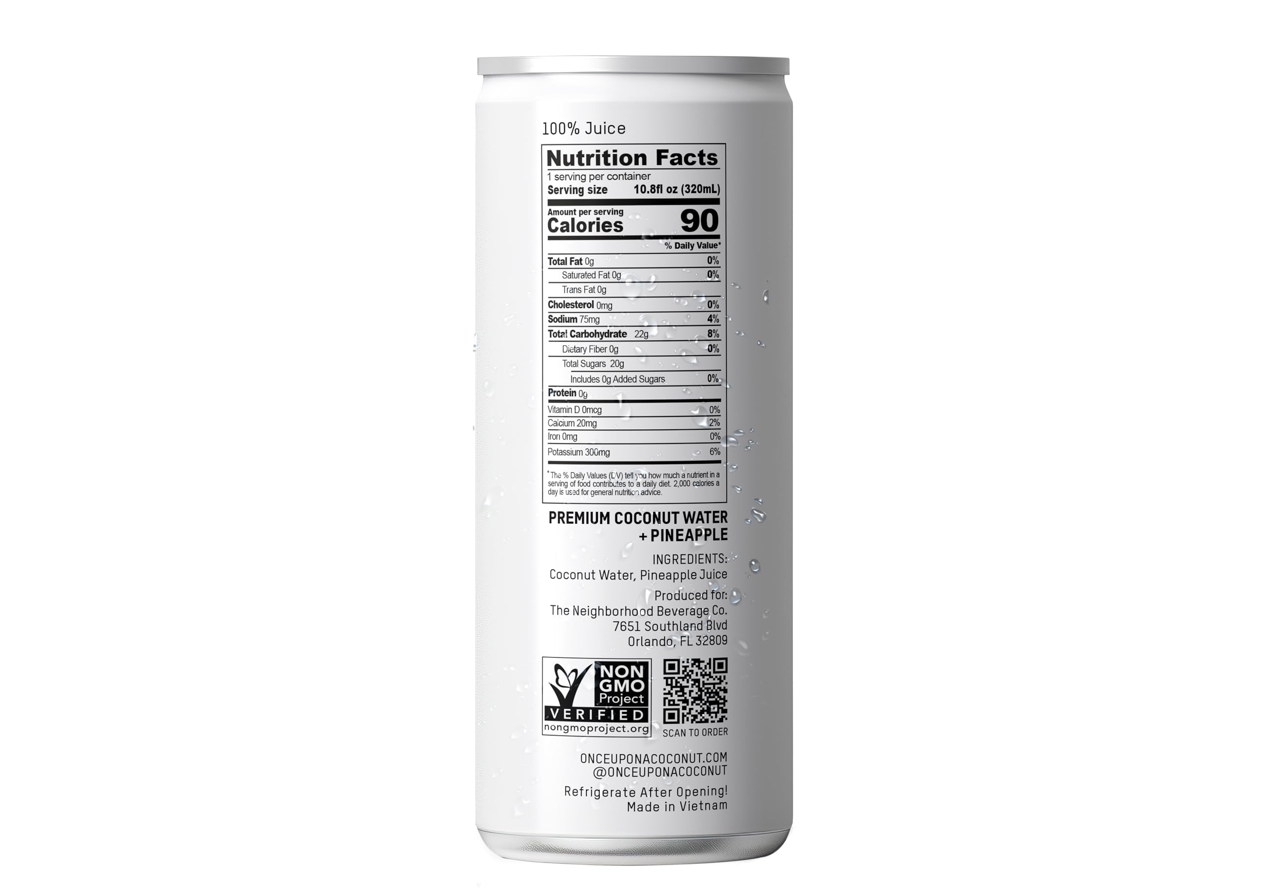 Once Upon A Coconut pineapple coconut water nutrition information and electrolytes at a glance.