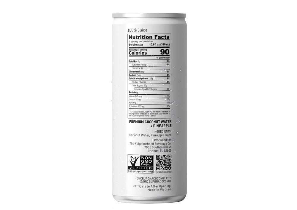Once Upon A Coconut pineapple coconut water nutrition information and electrolytes at a glance.