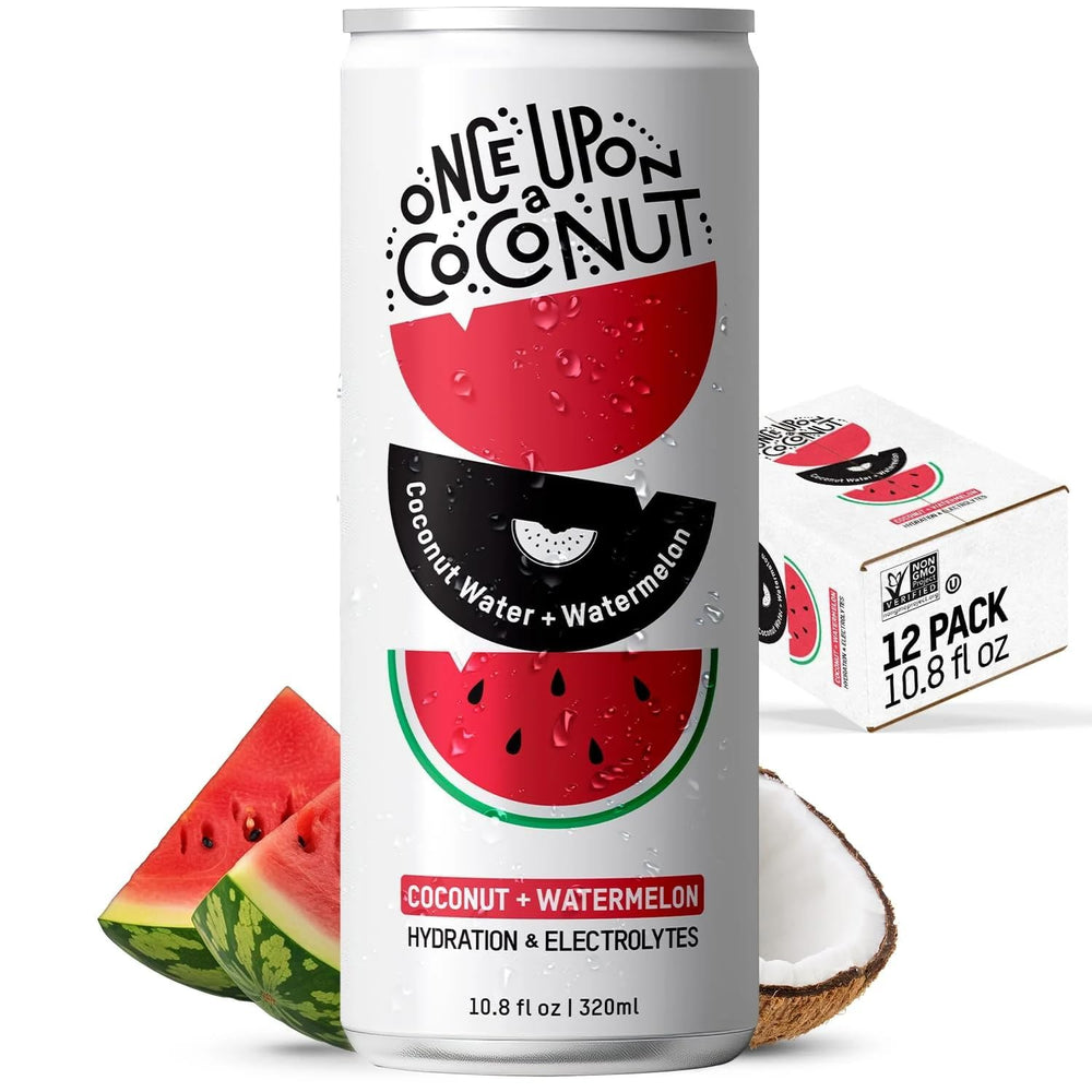 Once Upon A Coconut Watermelon Coconut Water bottle front highlights vibrant branding for hydration.