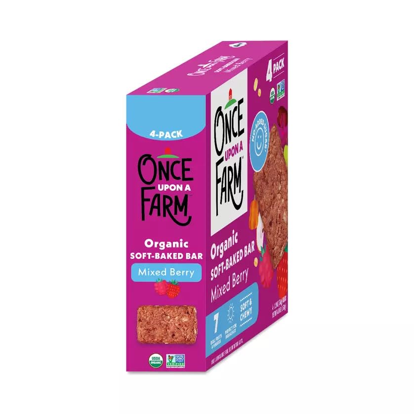 Once Upon a Farm bar ingredients banner highlighting organic oats and real fruit.