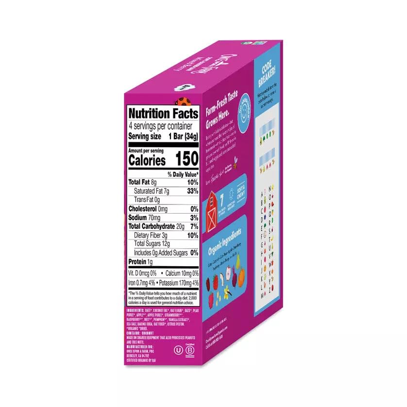 Once Upon a Farm bar no added sugar label, simple and wholesome snack.