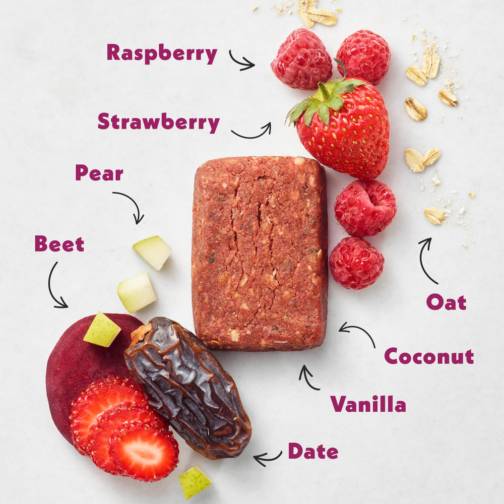 Once Upon a Farm mixed berry beet oats closeup emphasizes natural color and texture.