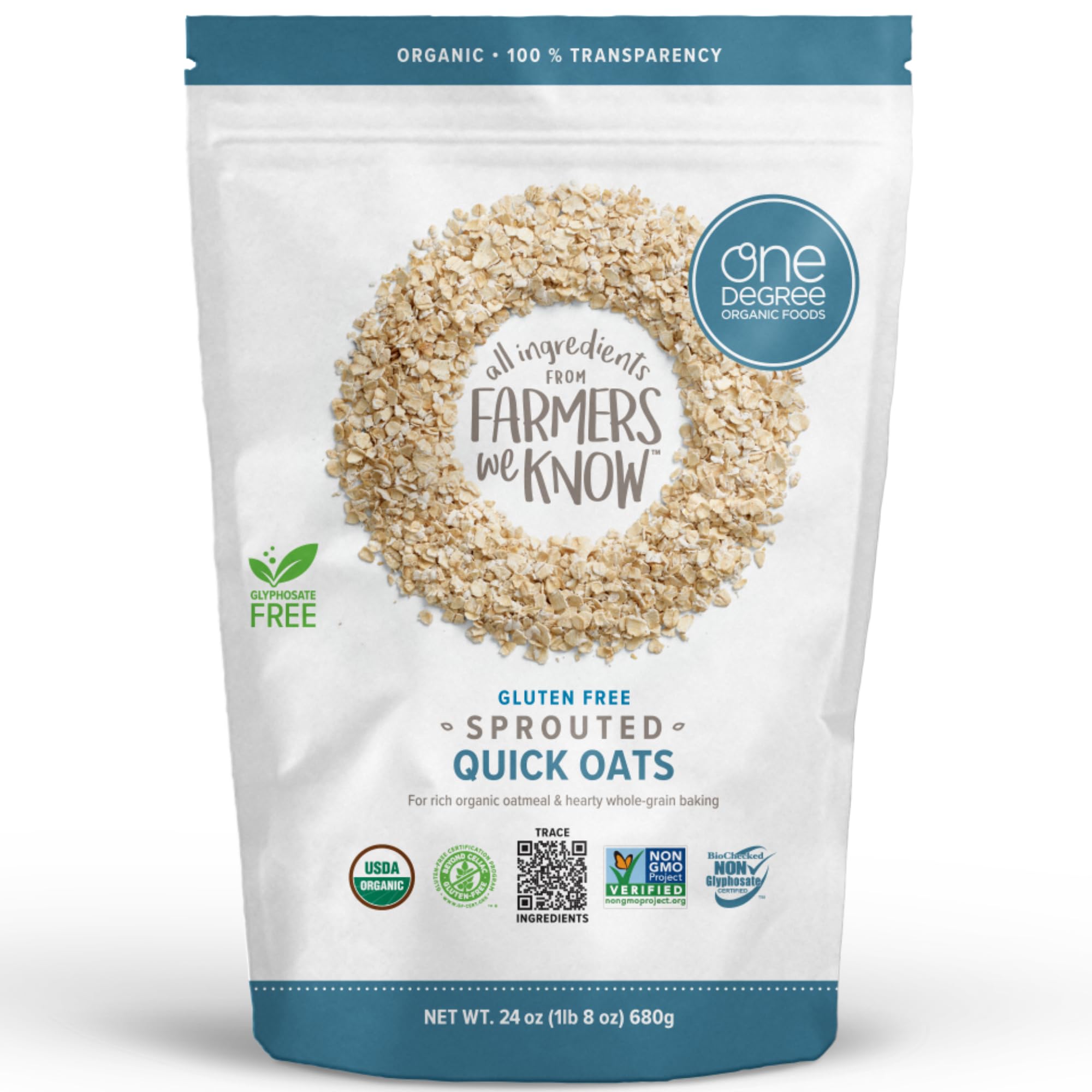 One Degree Gluten-Free Sprouted Quick Oats, pour-ready for a nourishing, quick breakfast.