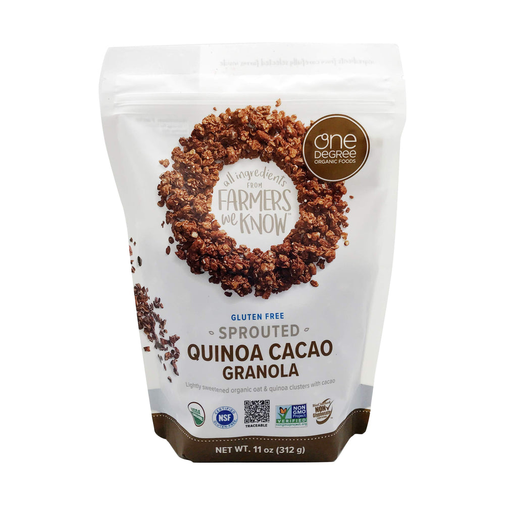 One Degree Granola Quinoa Cacao bag for quick, wholesome breakfasts.