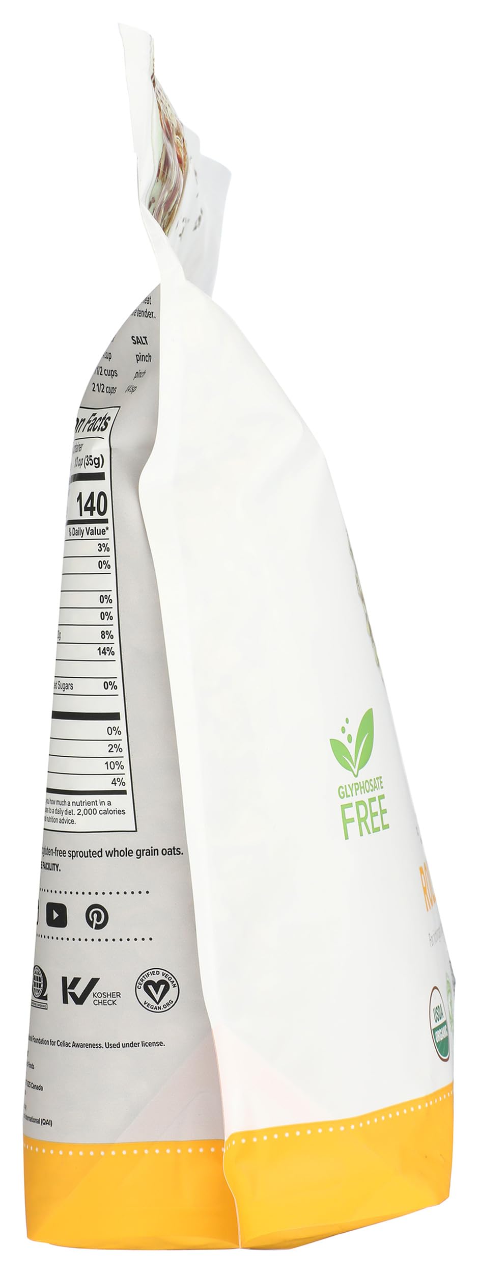 One Degree Organic Foods packaging highlights gluten-free oats and certifications.