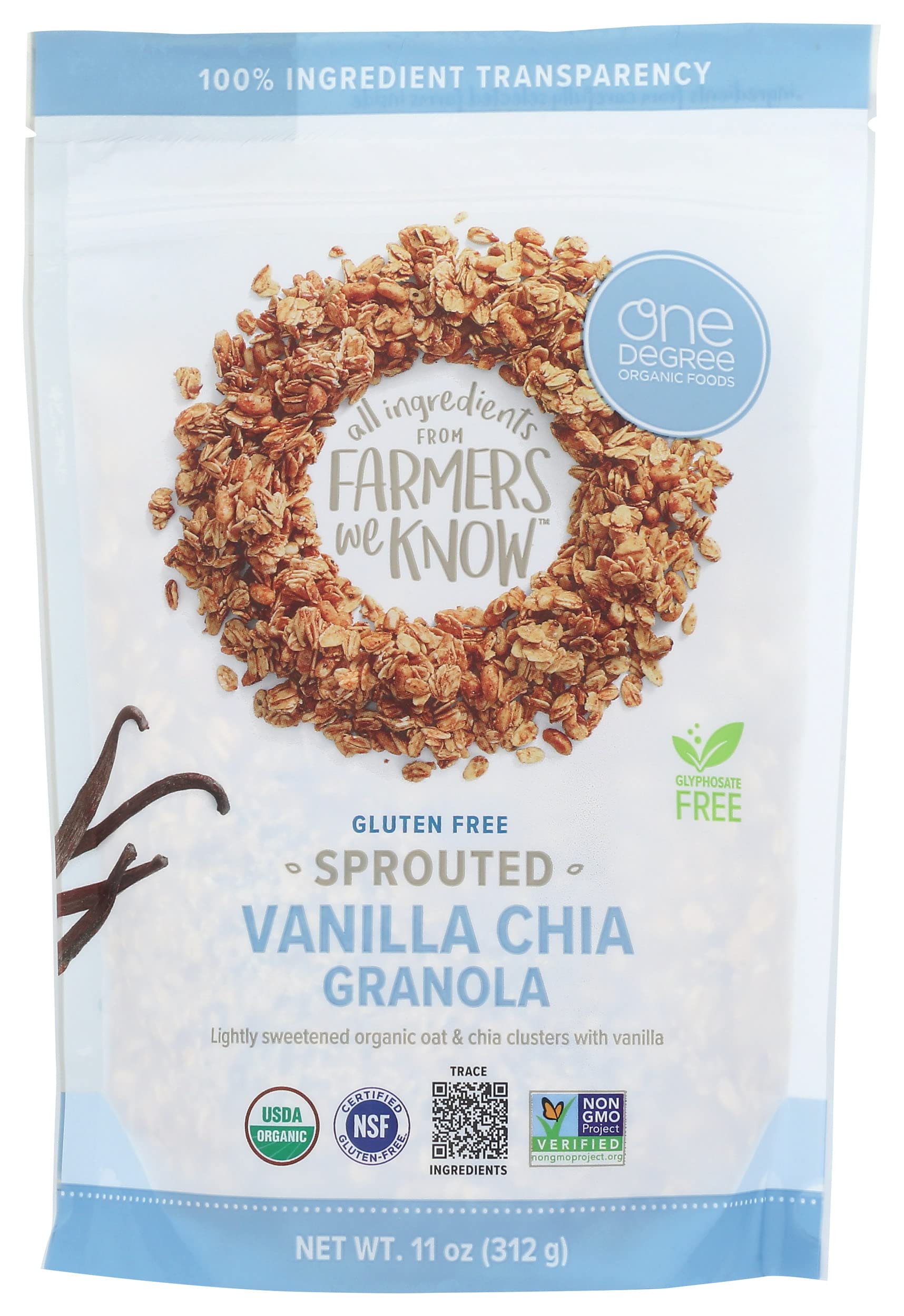 One Degree Organic Foods granola with oats, vanilla, and chia for sustained energy.