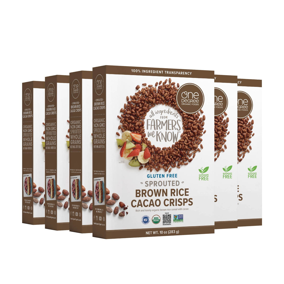 One Degree Organic Foods Sprouted Brown Rice Cacao Crisps pack shot, gluten-free breakfast option.