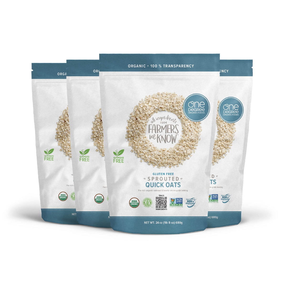 One Degree Sprouted Quick Oats bag front shows clean label and organic oats for healthy breakfasts.