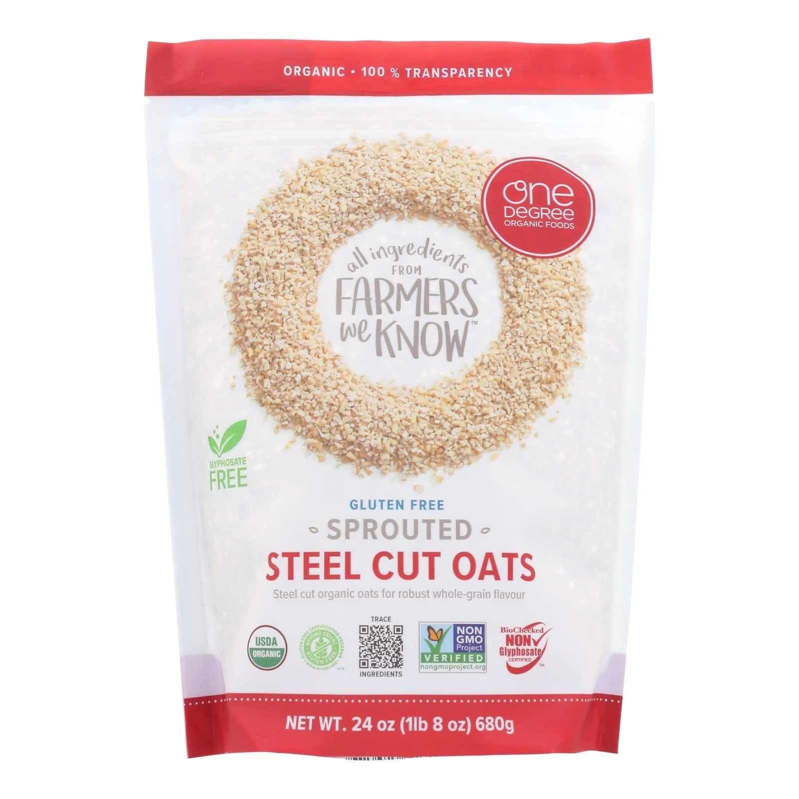 One Degree Organic Foods sprouted steel cut oats ready for hot cereal.