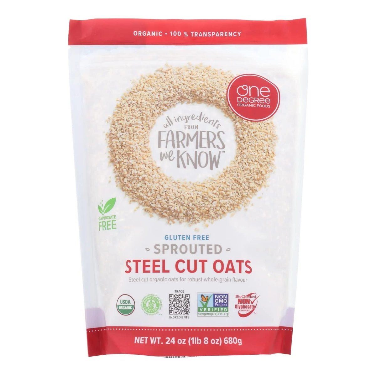 One Degree Organic Foods sprouted steel cut oats ready for hot cereal.
