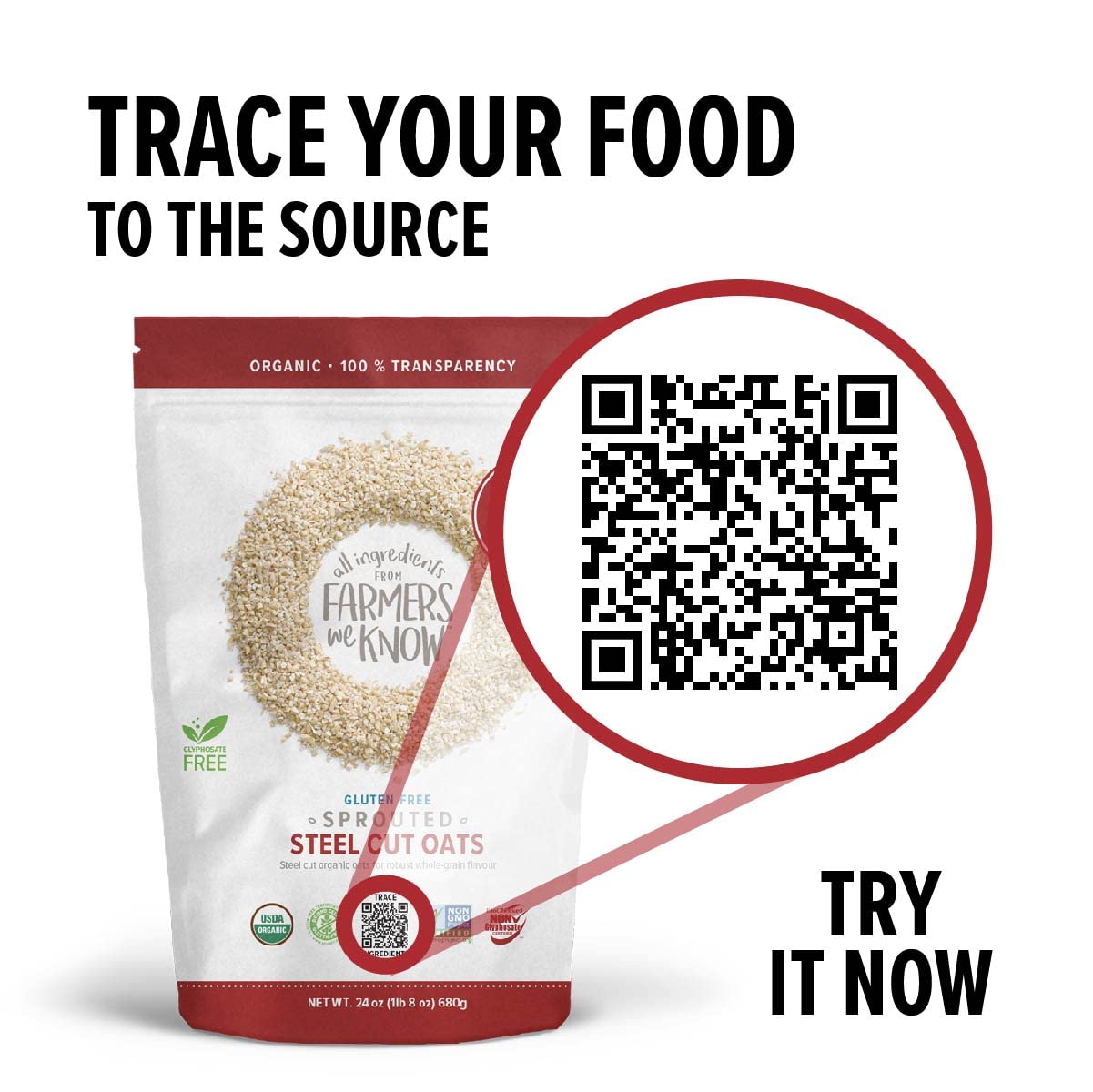 One Degree oats packaging with QR code traceability to farmers.