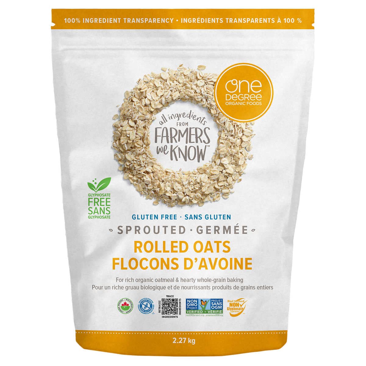 One Degree Organic gluten free sprouted rolled oats in a pantry-ready package.