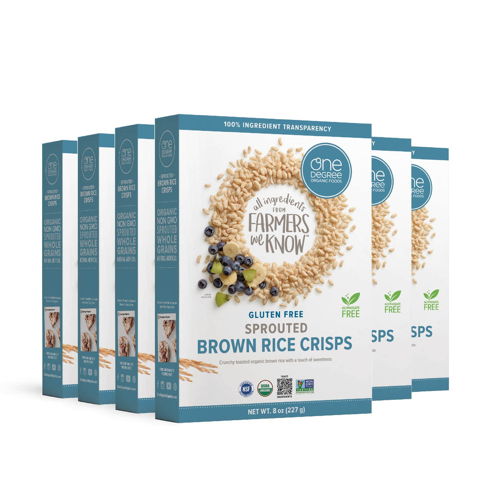 One Degree Sprouted Brown Rice Crisps pack front, organic and gluten-free