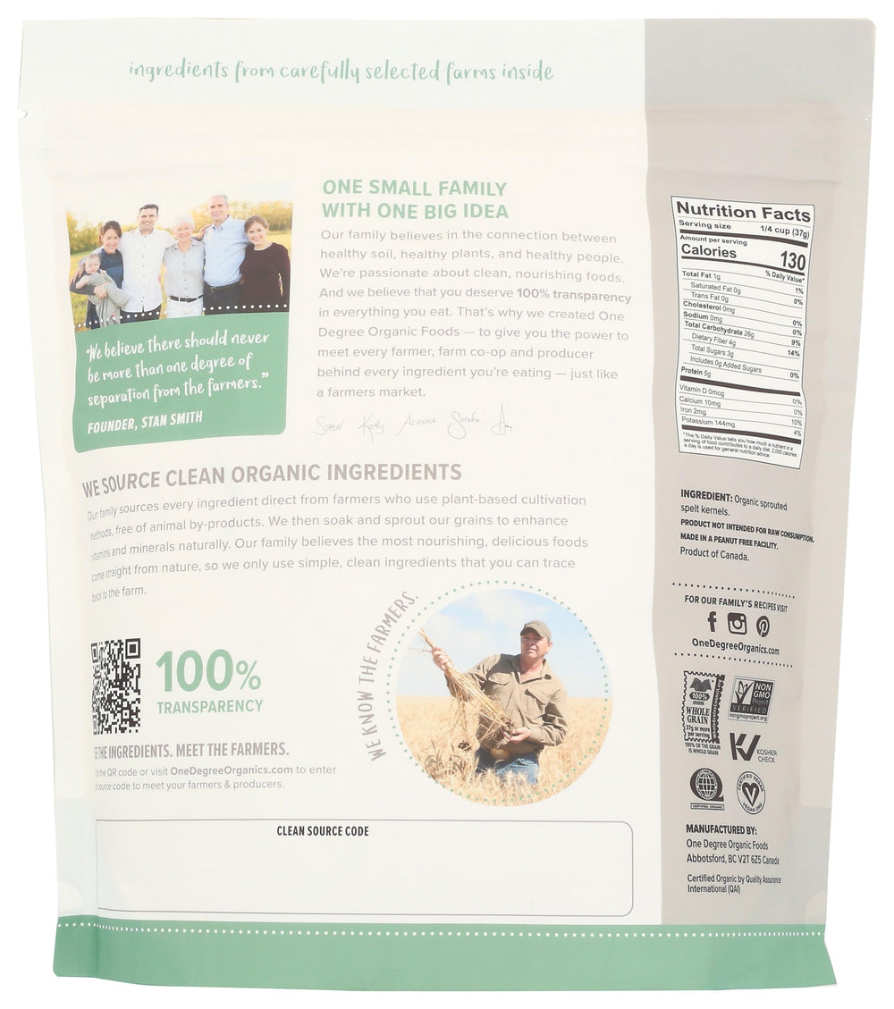 One Degree Sprouted Spelt Flour in a bowl reveals fine texture for baking.