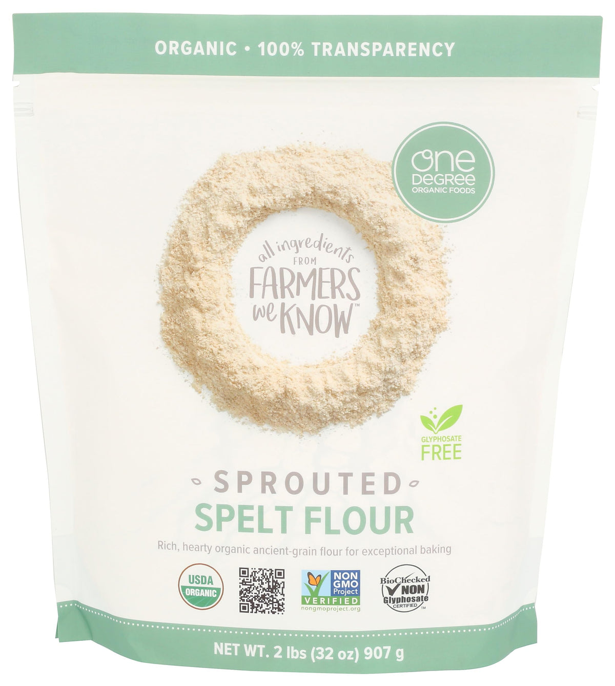 One Degree Sprouted Spelt Flour packaging shows organic, non-GMO quality.