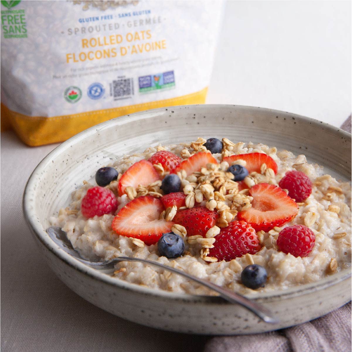 One Degree Sprouted Oats ingredients panel, traceable farm-to-table story and vegan certification.