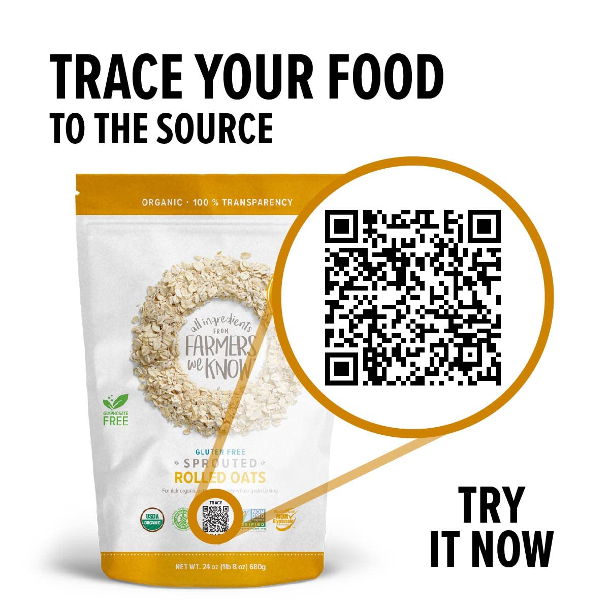 One Degree Oats label close-up, glyphosate-free and non-GMO verification visible.