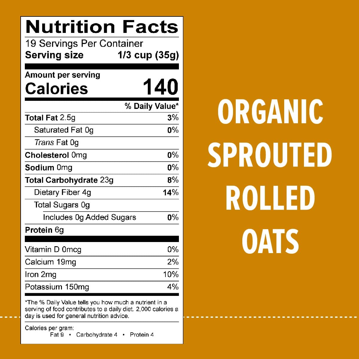One Degree Organic Sprouted Oats pack back, organic, gluten-free promise.