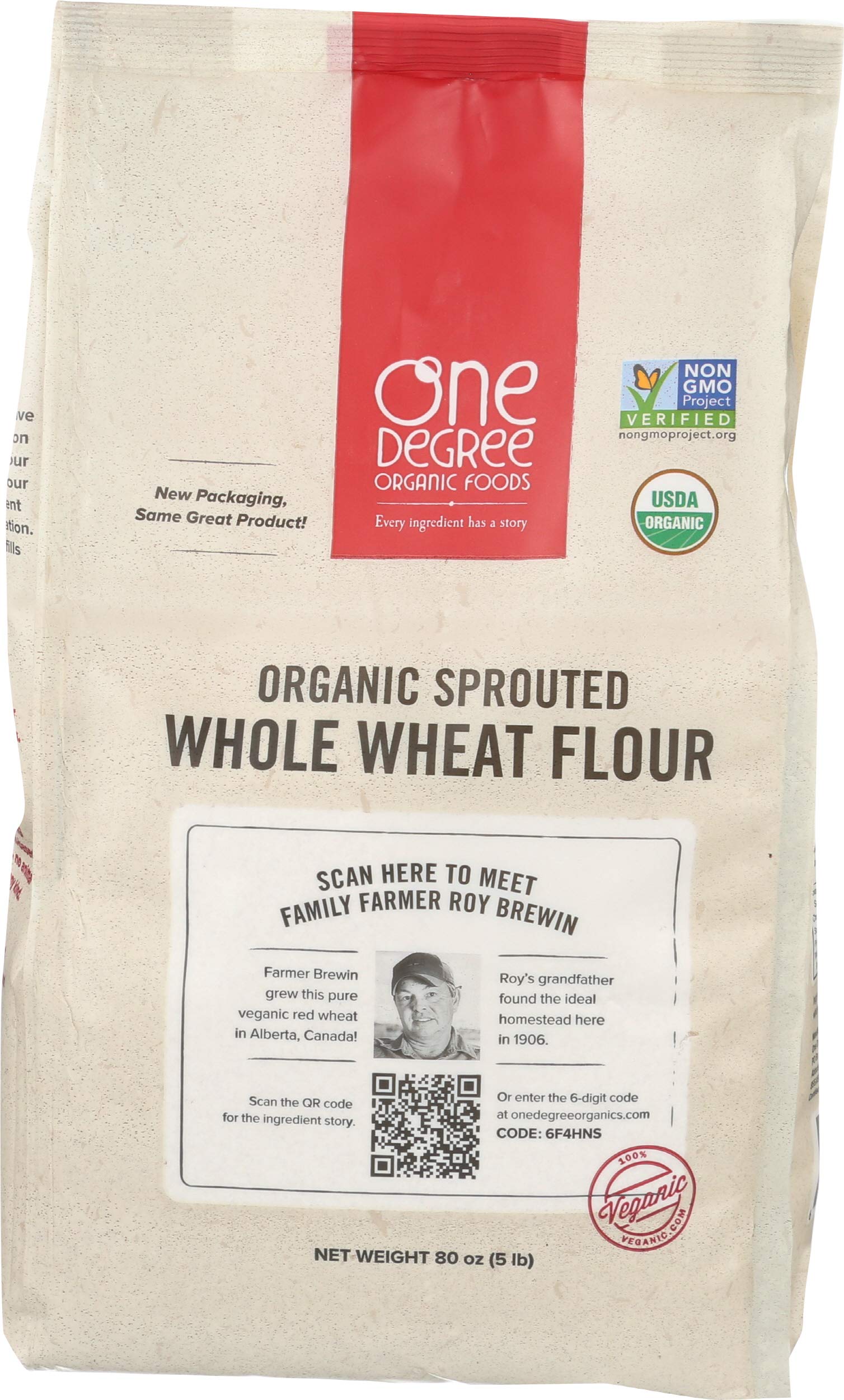 One Degree Sprouted Wheat Flour packaging highlights organic quality for baking breads with rich flavor