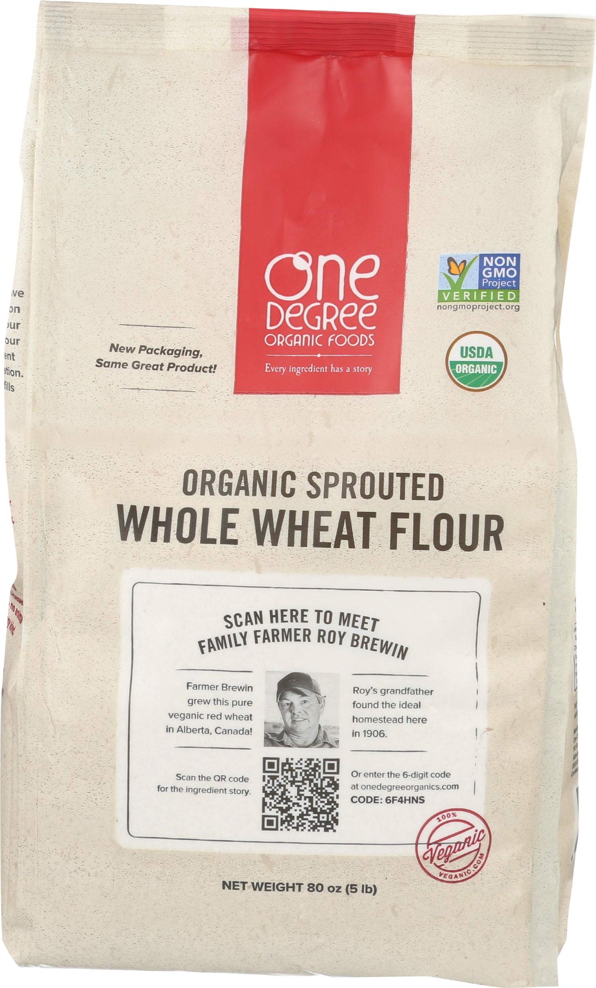 One Degree Sprouted Wheat Flour packaging highlights organic quality for baking breads with rich flavor