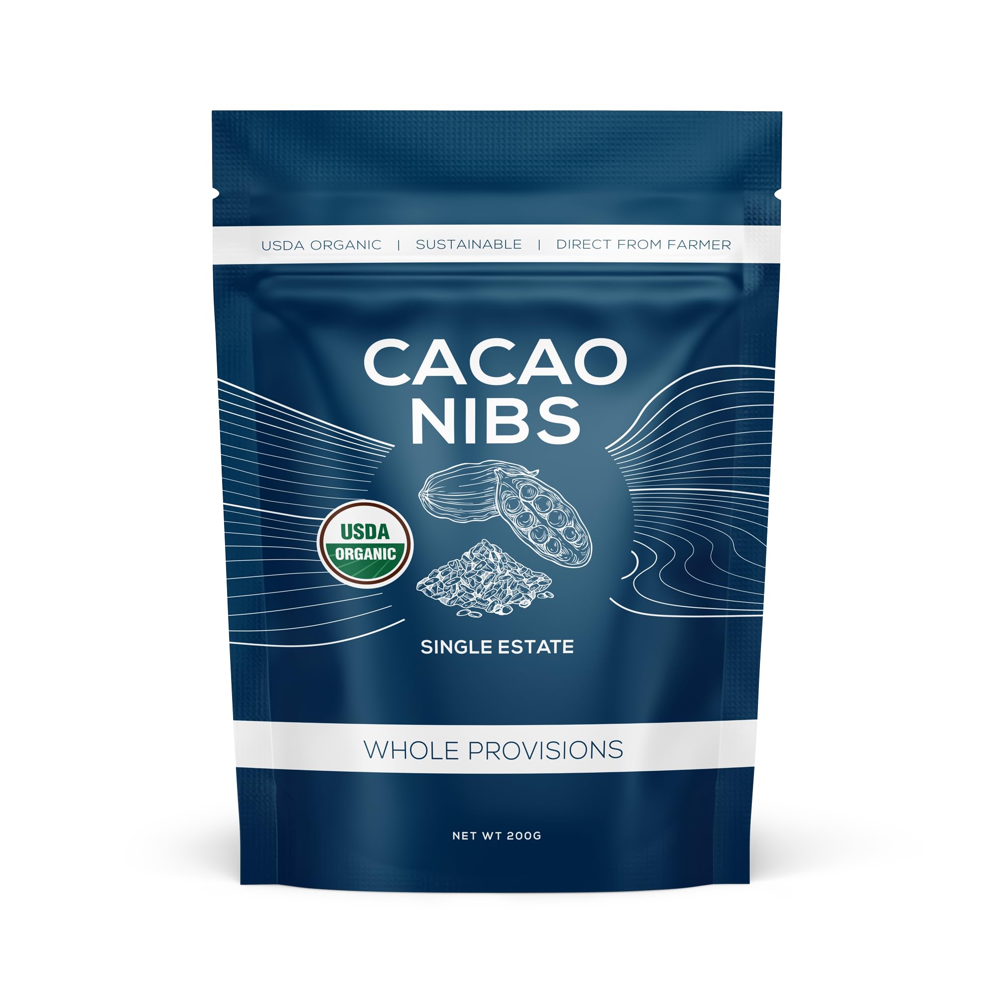 One Farm by WAAYB cacao nibs bag full view, premium cocoa quality in a resealable bag.