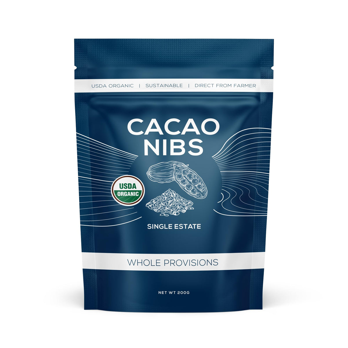 One Farm by WAAYB cacao nibs bag full view, premium cocoa quality in a resealable bag.
