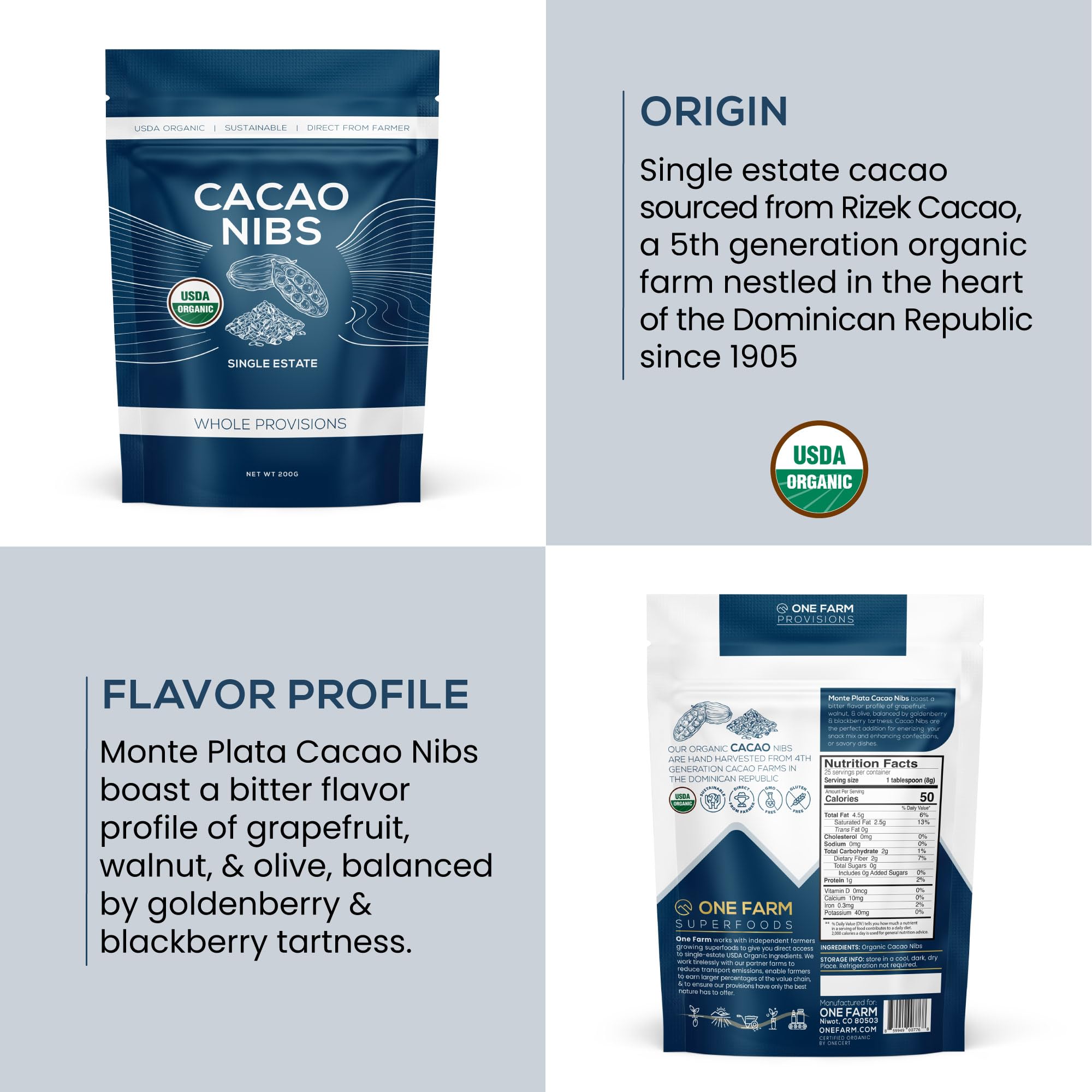 Packaging of One Farm by WAAYB cacao nibs emphasizing sustainable sourcing.