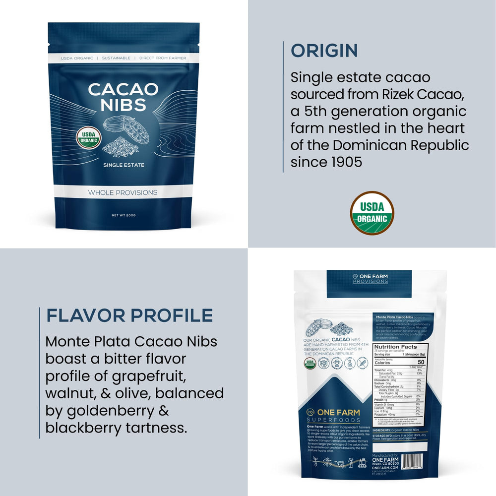 Packaging of One Farm by WAAYB cacao nibs emphasizing sustainable sourcing.