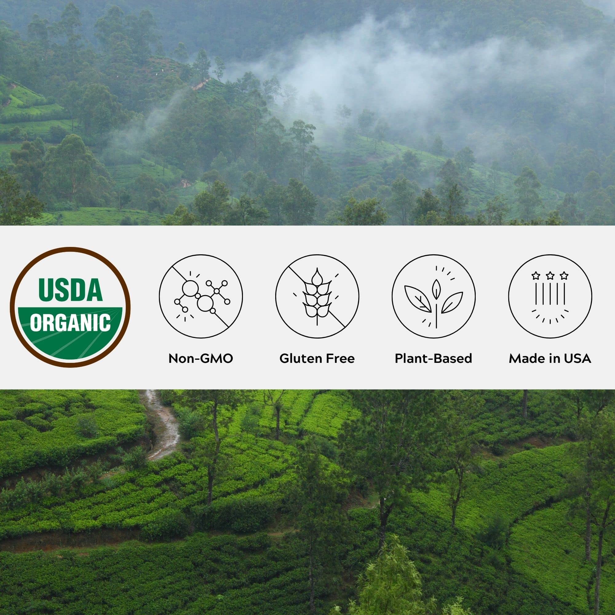 Label detail shows organic and fair-trade certifications building shopper trust.