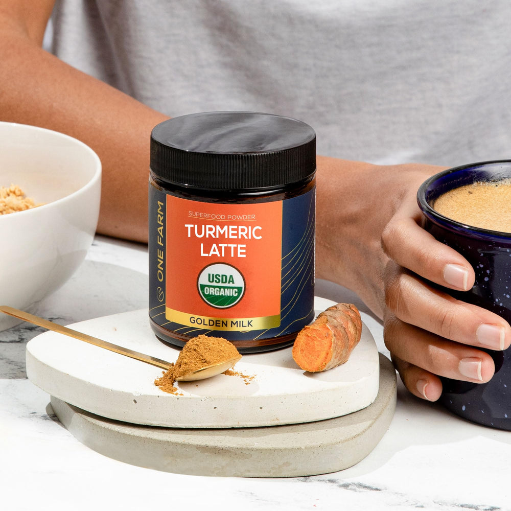 One Farm by WAAYB turmeric latte powder organic ingredients promise.