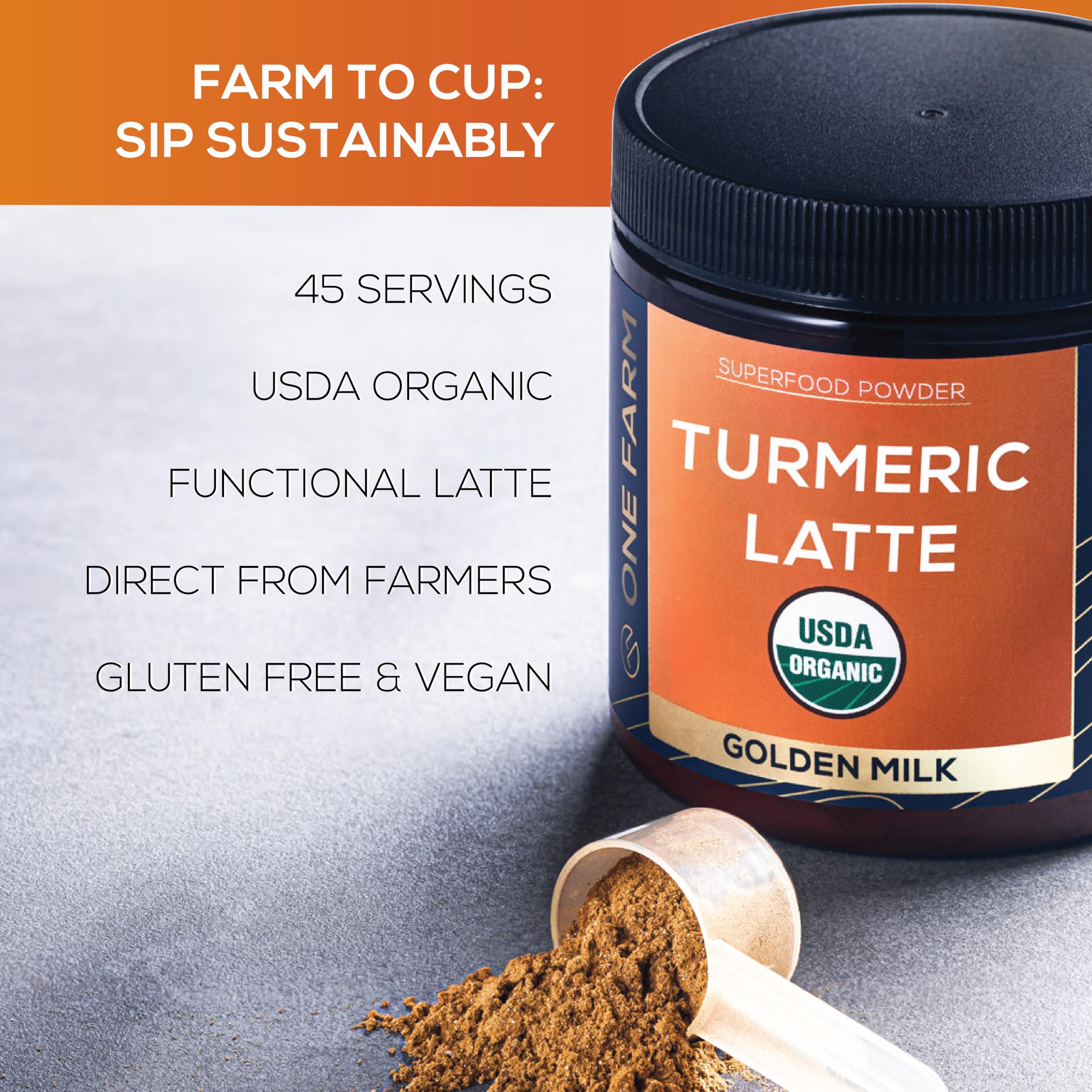 One Farm by WAAYB turmeric latte powder resealable lid.