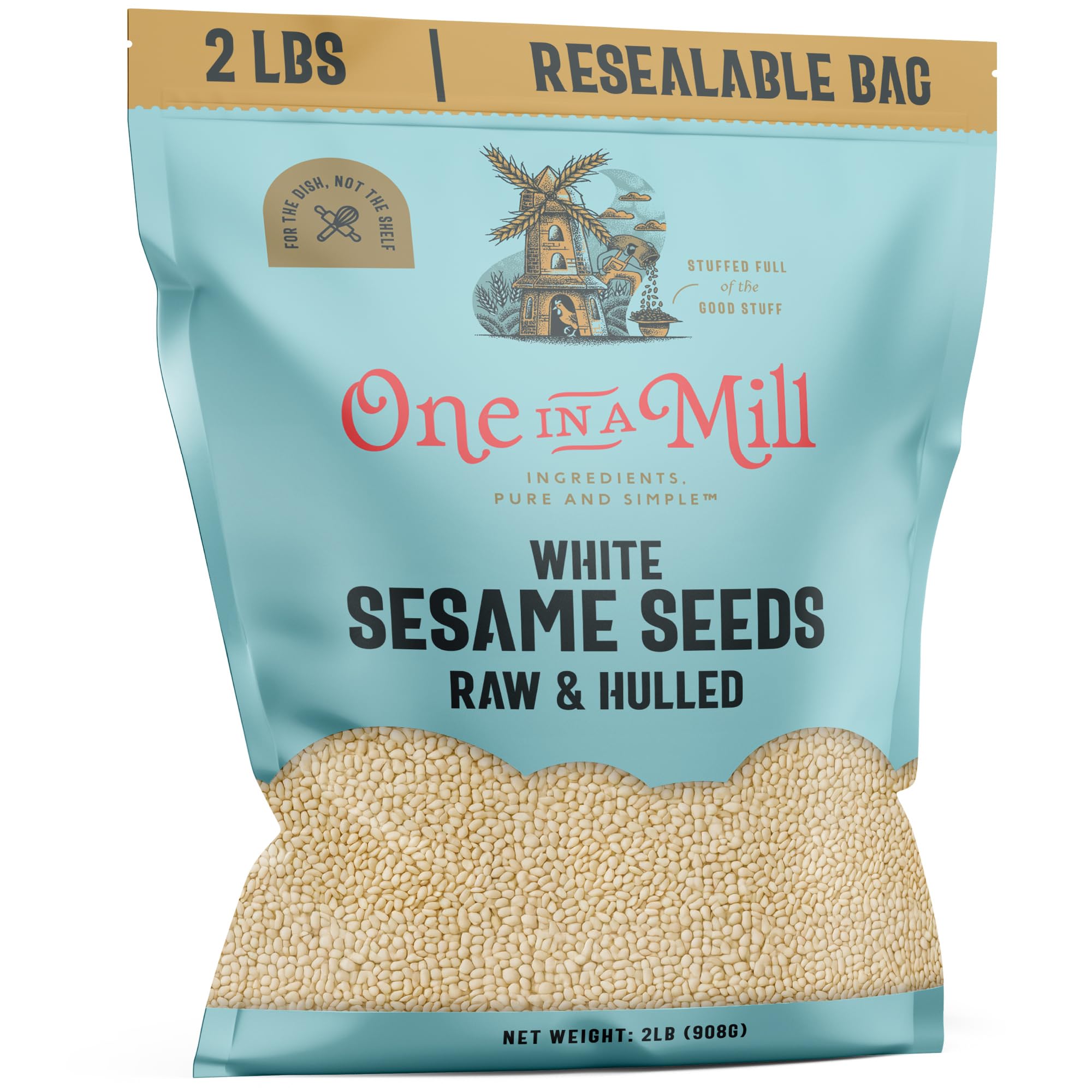 One in A Mill hulled sesame seeds packaging shows pure non-GMO quality for tahini