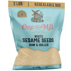 One in A Mill hulled sesame seeds packaging shows pure non-GMO quality for tahini